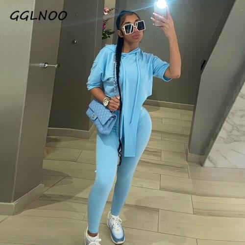 GGLNOO Hooded T Shirt And Pants Loungewear Tracksuits Workout Sportswear Casual Two Piece Outfit Short Sleeve Women Sets Loose
