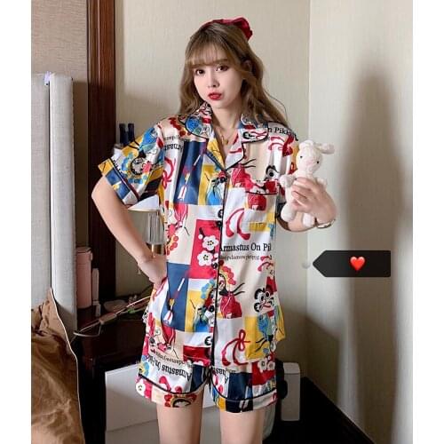 Ice silk pajamas women summer new han edition printing short sleeve shorts two-piece ancientry emulation silk household to take