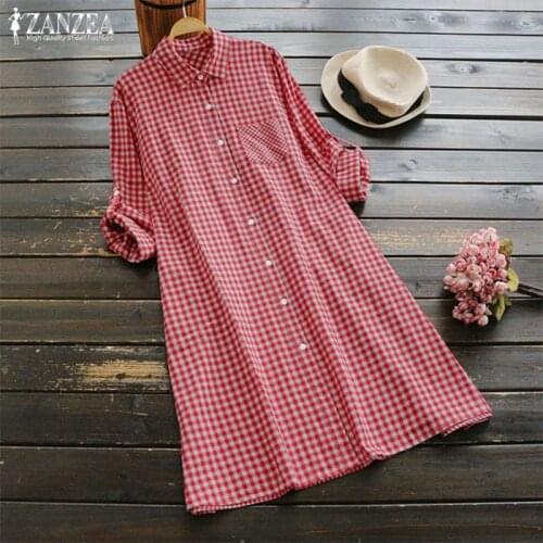 2021 ZANZEA Plus Size Check Shirt Dress Women Button Robe Femme Long Sleeve Womens Sundress Stylish Casual Vestidos Plaid Tops