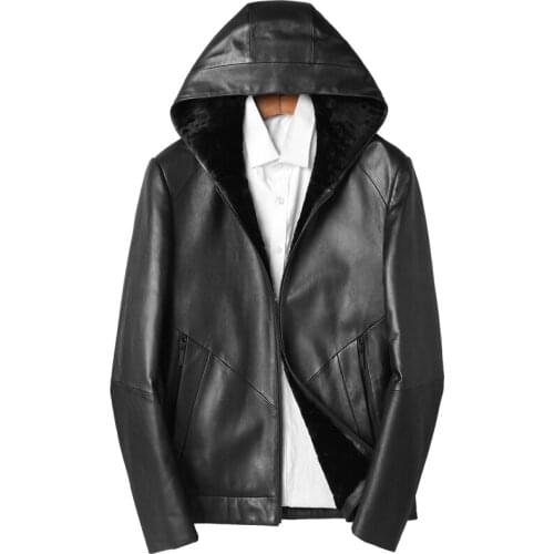 Genuine Leather Jacket Men Autumn Winter Hooded Mens Sheepskin Coat Short Wool Fur Liner Chaqueta Cuero Hombre P-E8225C