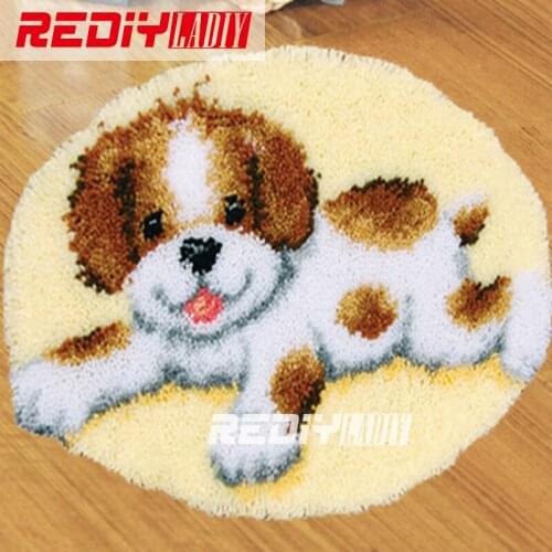 Latch Hook Rug Kits Acrylic Yarn Cushion DIY Carpet Rug White Puppy Pre-Printed Canvas Floor Mat Home Decor Tapestry Unfinished