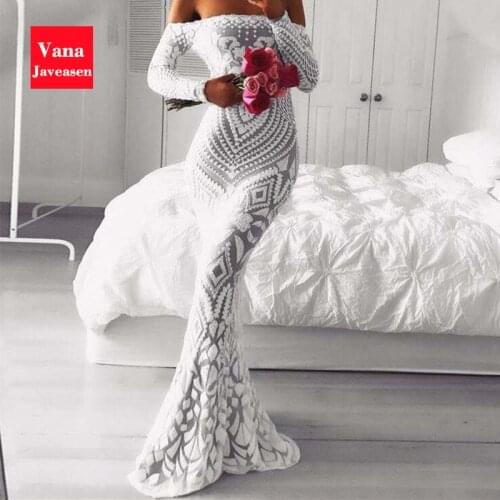 Slash Neck Slim Lace Fishtail Dress Party Women Elegant Long Sleeve Embroidered White Dresses Woman Evening Bride Smaid Vestidos