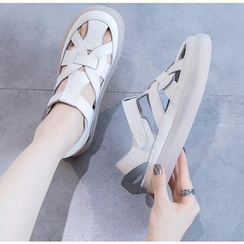 Genuine Leather Womens Plarform Sandals Female Summer Hook&Loop Solides Women Shoes Wrap Toes Sports Footwear Hollow Out Slides