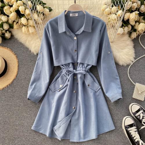 2020 autumn OL Workwear long sleeve dress buttons short mini dresses slim waist elegant ladies dresses vestidos