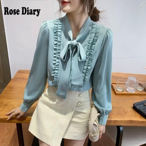 RoseDiary Autumn Long Sleeve Chiffon Blouse Shirt Women Tops Blouse Women Blusas Mujer De Moda 2021 Bow Layers V-Neck Blouse