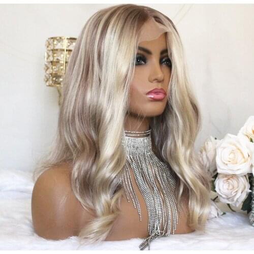 Lace Front Synthetic Wig Ombre Blonde Wig Brown and Blonde Colored for Women Wave Lace Wig Highlight Wig 14inch