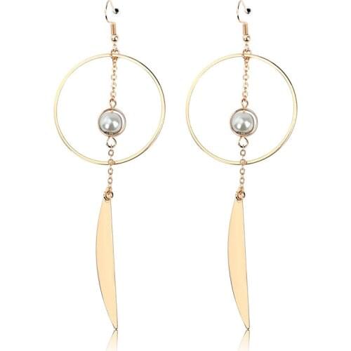 Grey Simulated Pearl Bead Long Chain Leaf Big Hoop Circle Hook & Clip Women Golden Drop Earrings Dangle Earrings