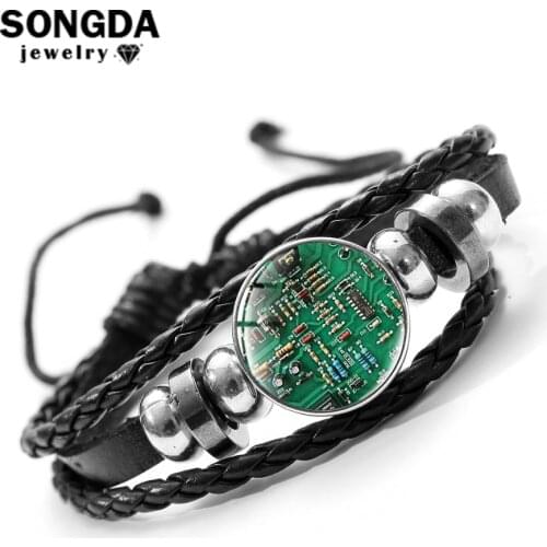 SONGDA Steampunk Computer Circuit Board Braided Leather Bracelet Glass Button Charm Bracelet Computer Major Graduation Idea Gift