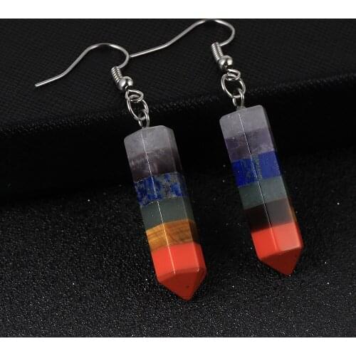Bullet Hexagonal Yoga 7 Chakra Pendant Drop Earrings For Women Natural Gem Stone Beads Dangle Hook Earring Female Jewelry Gifts