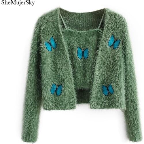 SheMujerSky Women Butterfly Embroidery Green Sweaters Long Sleeve Cardigans And Cami Top Matching Set 2021 Fur Sweater