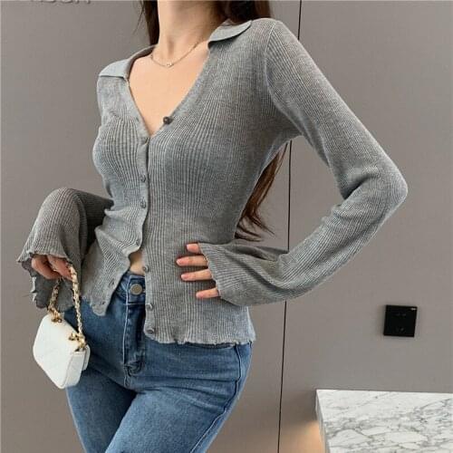 Retro Fashion Y2K Irregular Polo Collar Long Sleeve Knitted Cardigan Women Summer Autumn Slim Single Breasted Shirt Crop Tops