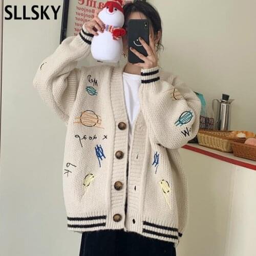 SLLSKY Letter Embroidery Knitted Sweater Women Cardigan Autumn WinterFull Sleeve Single Breasted Female Sweater Outerwear Tops