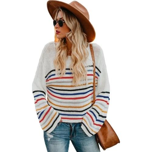 White Rainbow Stripe Pattern Sweater Women Autumn Spring O Neck Long Sleeve Knit Sweater Tops Plus Size 2XL