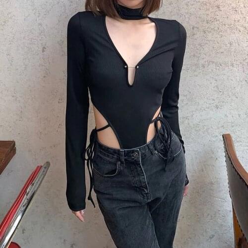 Women Low Bust Bodysuit Y2K Bandage Sexy Hollow Out Long Sleeve Turtleneck Bodycon Basic Rompers Elegant Party Club Outfit