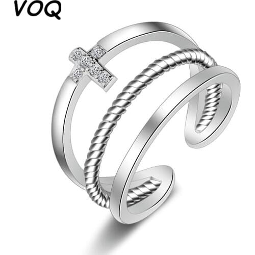 VOQ 925 Sterling Silver New Fashion Double Layer Micro CZ Zircon Cross Ring for Women Adjustable Ring Jewelry