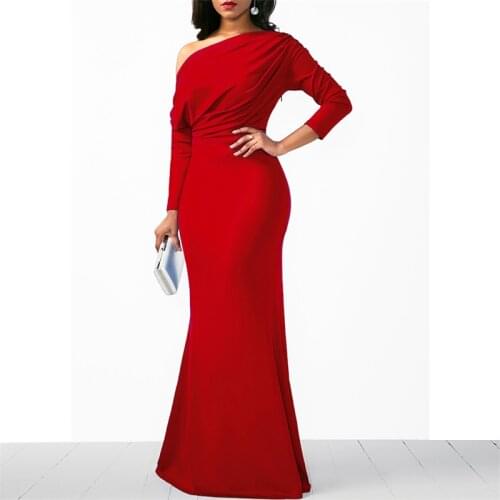 2021 Blue Womens Maxi Dress Long Sleeve One-shoulder Pullover Party Dress Folds Backless Sexy Bodycon Dress vestidos de fiesta