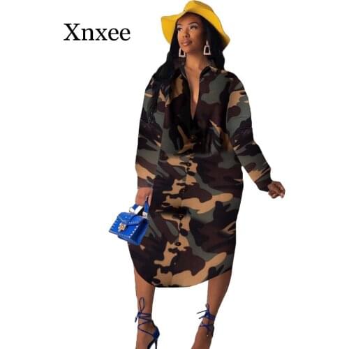 Camouflage Print Long Sleeve Shirt Dress Women Turn-down Collar Button Up Casual Dress Streetwear Loose Oversized Shirt Dress