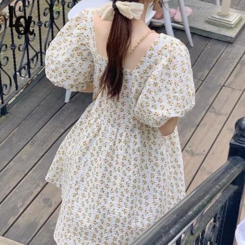 Luck A Summer Sweet Floral Dress Women Elegant Korean Casual Princess Cute Dress Kawaii Chic Puff Sleeve Holiday Boho Dress 2021