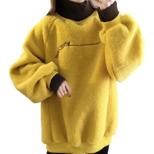 Winter Women Keep Warm Sweatshirt Embroidered Letters Korean Loose Coat Lamb Wool Fake Two-piece Knitted Collar Pullover Lady