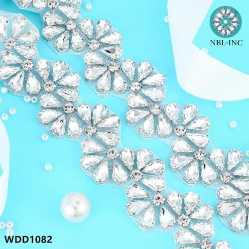 10 yards ) Wholesale hand beaded bridal silver crystal rhinestone applique trim iron on sew on for wedding dress WDD1082