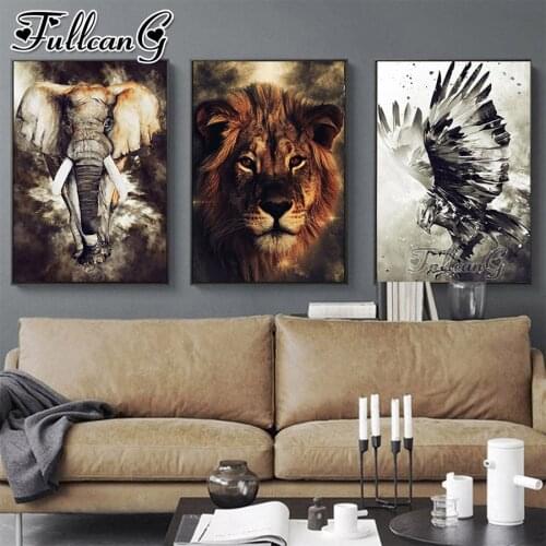FULLCANG 5d diy diamond embroidery elephant lion eagle animal painting triptych full square round drill wall decoration FC3627