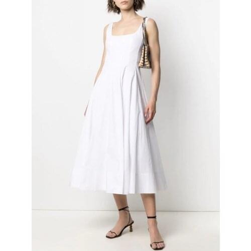 White Sleeveles Long Dress For Women New Front Square Collar Backless Strap Dresses Slim High Waist A word Drape OL Summer Dress