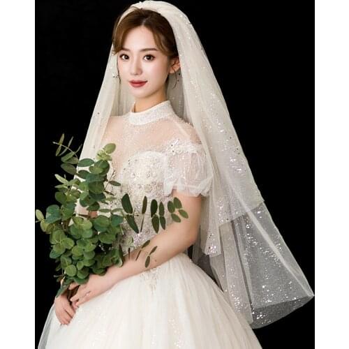 Bling Bling Bridal Wedding Veil Tulle Champagne Short with Metal Comb Elegant Wedding Accessories veu de noiva 2 Layers