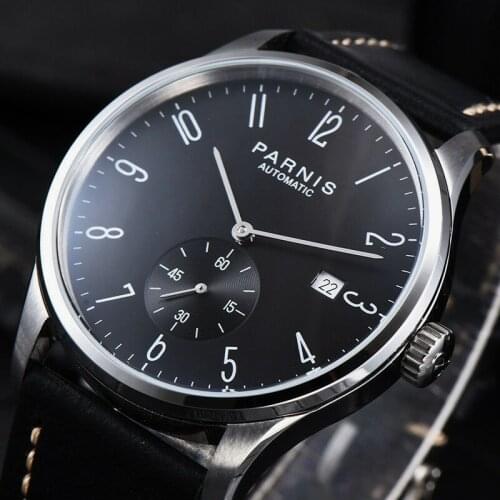 PARNIS Mens Watch 42mm Arabic Numeral Black Dial Stainless Steel Case Date Window ST1731 Automatic Mens Watch