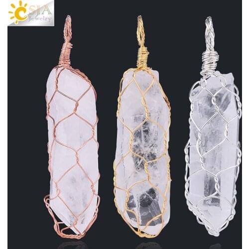 CSJA Irregular Natural Crystal Pillar Pendant Gold Silver Color Mesh Wire Wrapped Pendants Fit Necklaces Women Men Jewelry G010