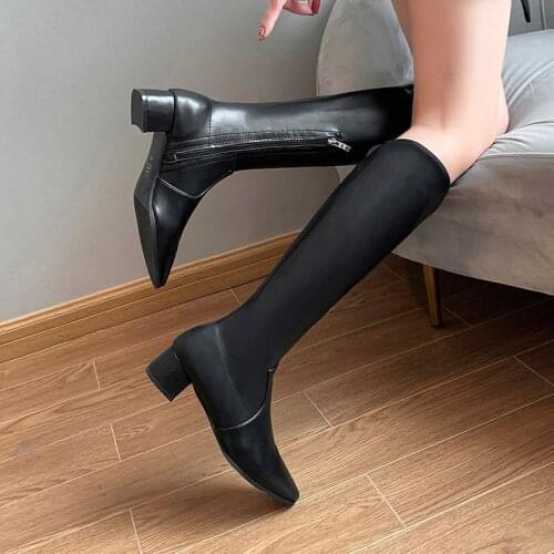 Nice New Vogue Four Seasons Ladies Knee-Length Boots Vogue Zipper Buckle Thick Heel Winter Shoes Womens Boots Shoes