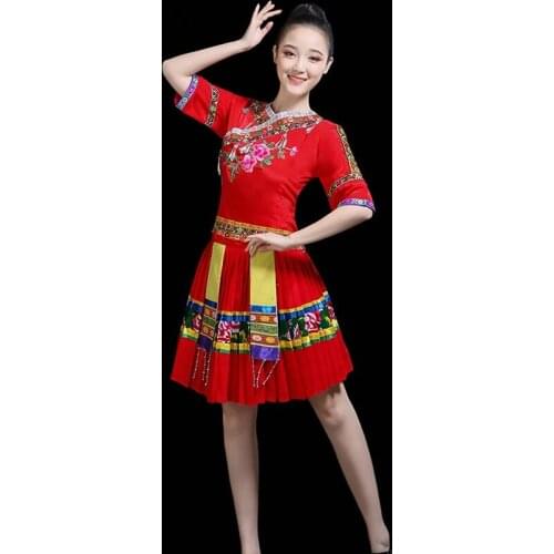 Chinese folk dance clothing skirt suits Chinese dance costumes yango drum fan stage dance wear outfit performance FF901