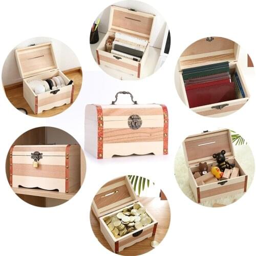 Solid Wood Piggy Bank Retro Money Box Treasure Box Large Capacity Storage Box with Lock Home Decoration Wooden Piggy Bank Gift