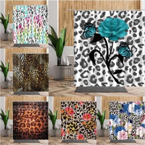 Leopard Flower Bathroom Shower Curtain Set Creative Flower Printed Bathtub Decor Waterproof Bath Curtains For Girl Douchegordijn