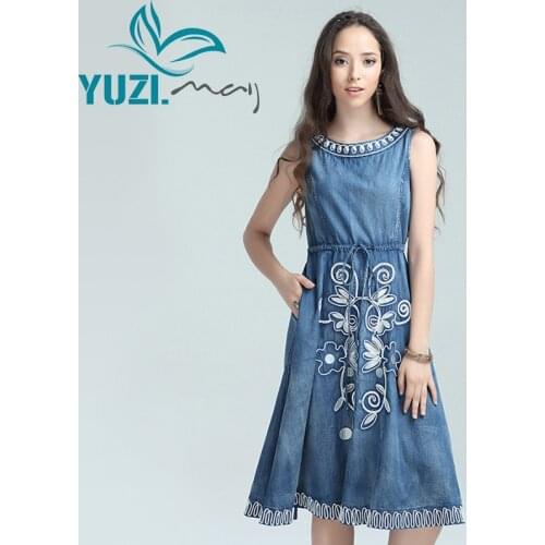 Summer Dress 2017 Yuzi.may Boho New Denim Women Dresses O-Neck Back Zipper Flower Embroidery Vestidos A82039 Vestido Feminino