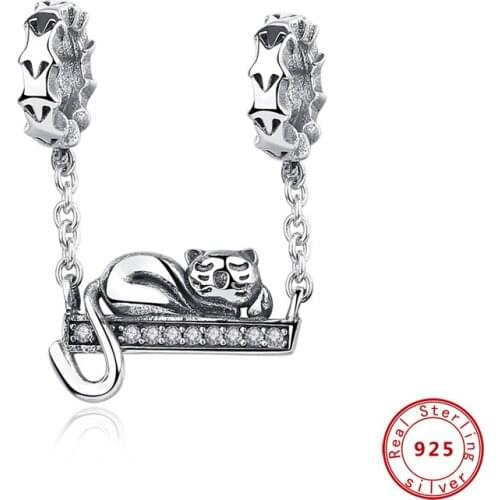 New 925 Sterling Silver Charms Beads Cute Cat Lying Swing Clear CZ Fit Pandora Original Bracelets Women Diy Jewelry