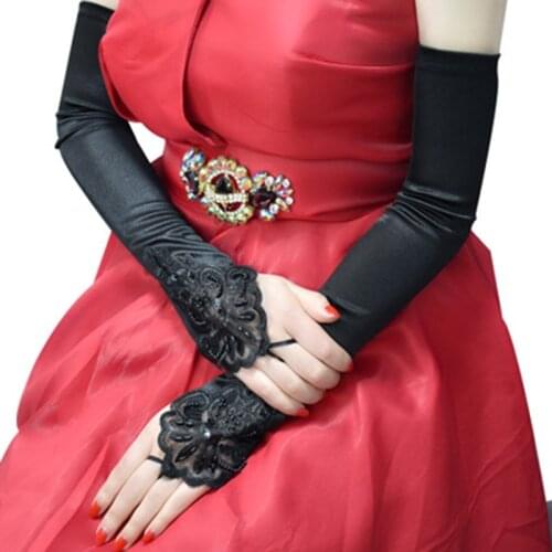 Sexy Lace Sunscreen Fingerless Touch screen Driving Gloves Fashion Women Half Finger Seam Sequins Pearl Satin Dress Mittens J41