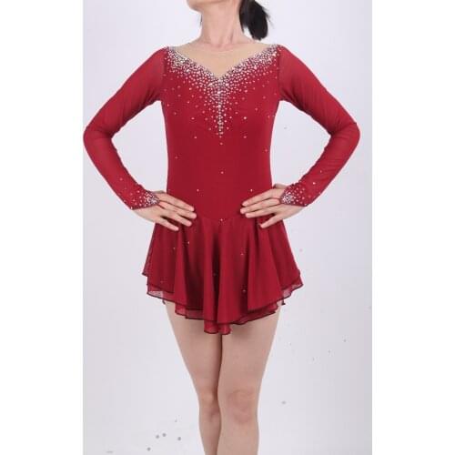 Figure Skating Dress Womens Girls' Ice Skating Dress Claret Round collar long sleeved style Chest decorative water drill