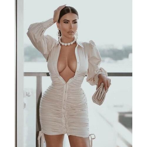 Women High Quality Spring Fall Popular White Elegant Stacked Drawstring Office Causal Solid Mini Dress