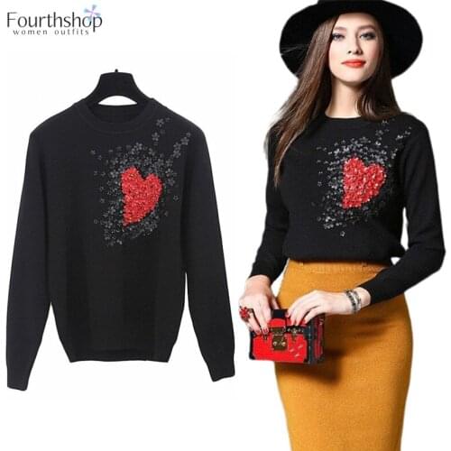Fashion Sweater Pullover Women Flower Applique Beaded Knitted Jumper Celebrity Heart Pattern Casual Pull Autumn Winter 2019 New