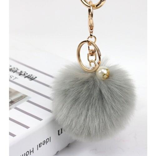 2021 Fluffy Faux Rabbit Fur Ball Pom Poms Synthetic Fur Pompom Imitated Pearl Keychain Key Chain Ring Pendant For Women Charm