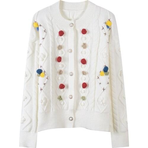Christmas Diamond Design White Knit Cardigan O-neck Long-sleeved Single-breasted 3D Flower Luxury Coat Sweater Vintage Clothes