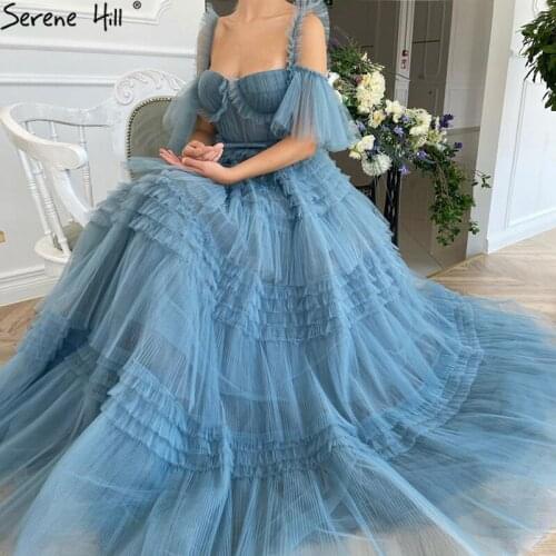 Serene Hill Blue A-Line Strapless Sexy Prom Dress 2021 Short Sleeves Tiered Tulle Party Wear Gown CLA70662