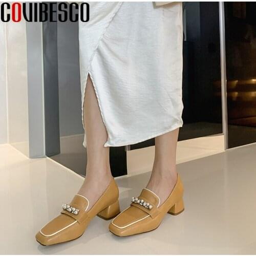 COVIBESCO Classic Retro Basic 2021 Spring New Women Pumps Concise Genuine Leather Pearl Thick Heels Loafers Shoes Woman Casual