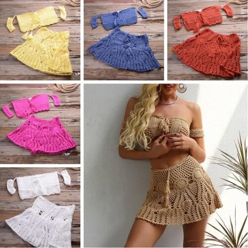 Crochet Two Piece Set Summer Beach Dress sexy women off shoulder crop top+A line mini skirts Bikini swimwear cover up