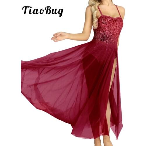 Women Sequins Camisole Leotard Split Side Maxi Skirt Ladies Lyrical Ballet Dance High Low Dress