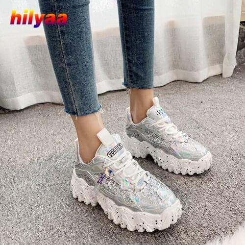 Woman Platform Shoes Spring Sneakers 5.5cm Heel PU Leather Female Bling Shoes Lace-up Casual Sneakers Non-slip shoes Women