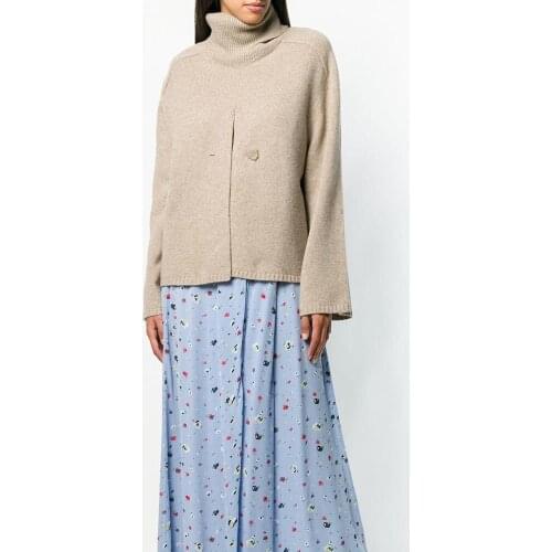 100% Solid Wool Autumn Winter Womens Turtle Neck Loose Sweater Front Split Short Pullover Cardigan