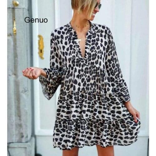 Big Size Ladies Dress Leopard Print High Waist V-neck Bell Sleeve Summer Beach Short Dresses Vestido Con Estampado De Para Mujer