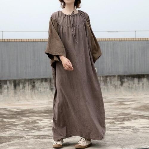 Johnature Women Vintage Patchwork Color Dress Cotton Linen Loose Robes O-Neck Long Sleeve Clothes 2021 Autumn New Female Dresses