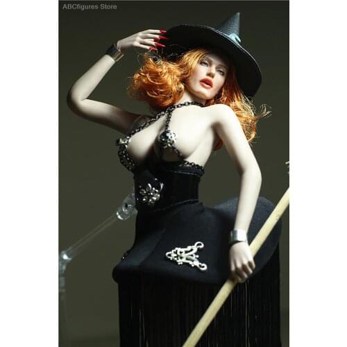 1/6 Female Deep V Witch Corset Fringed Skirt Dress Backless Fit 12 Inch Action Figure Dolls With Hat Broom